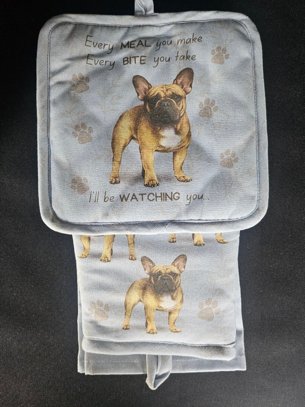 E & S Pets 3 Piece Kitchen Set French Bulldog Design NWT Tow Oven Mitt & Holder